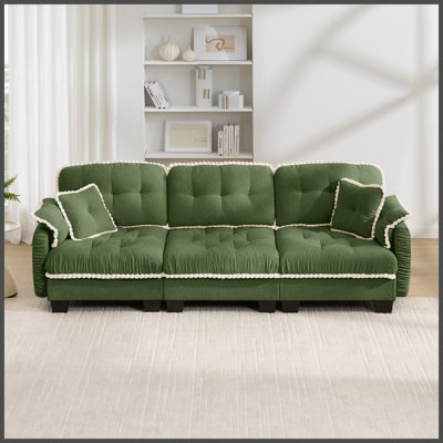 Chenille Cloud 3-Seater Sofa with 4 Pillows, Pom-Pom Trim Quilted Tufted Cushion Ergonomic Design, Easy Assembly Deep Seat Couch for Living Room Office, Apartment, Green