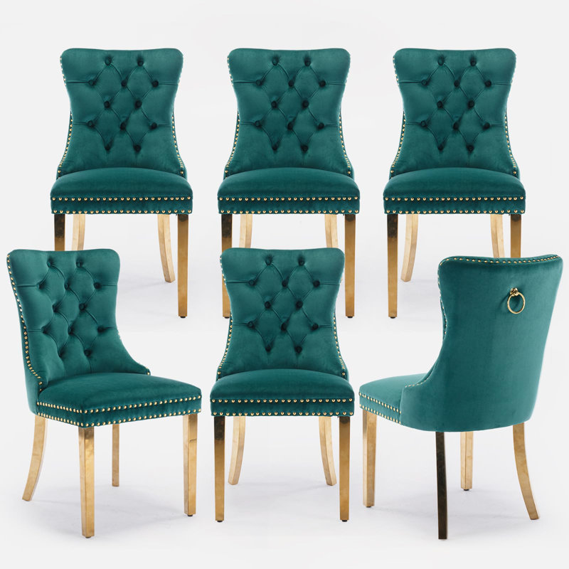 High-end Tufted Velvet Upholstered Nailhead Dining Chair, Black/Red, Golden