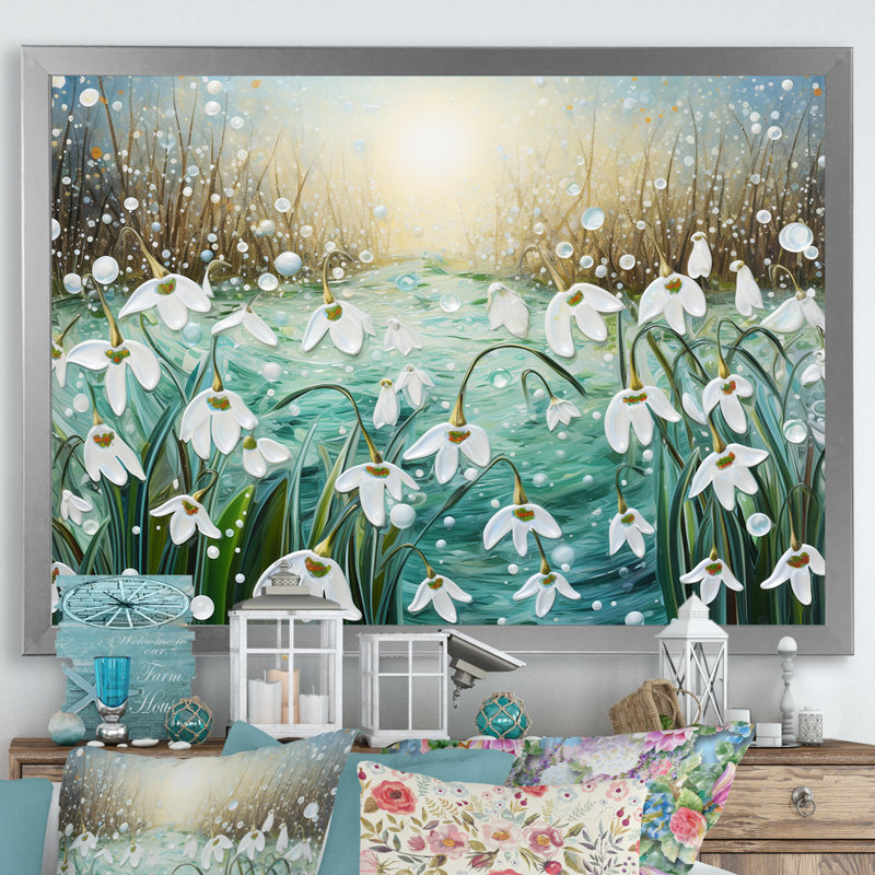 Snowdrop Flowers Field in Winter - impression, Closed Corner Frame Silver, H 24 po x l 32 po x P 1 po