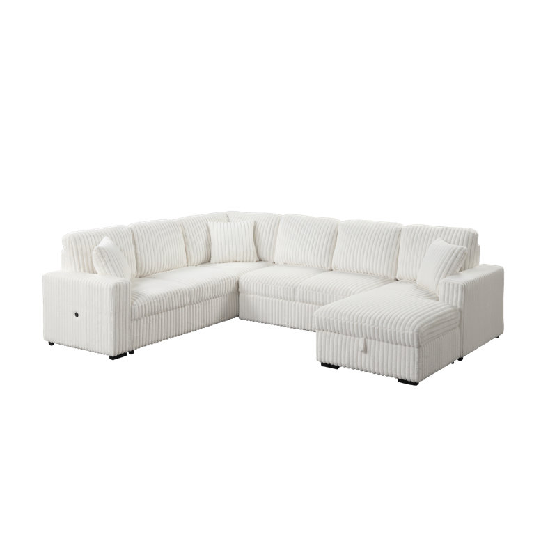 Ratasha 121" W Velvet Sleeper Sectional with Storage and USB Ports, Cream Polyester Blend;Velvet