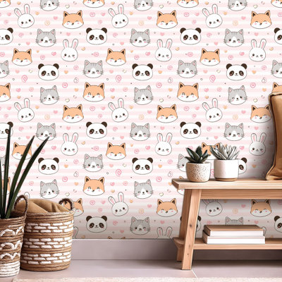 Peel and Stick Wallpaper Contact Paper Cute Animal Faces Bunny Cat Self Adhesive and Removable 24in x 118in(60x300cm)