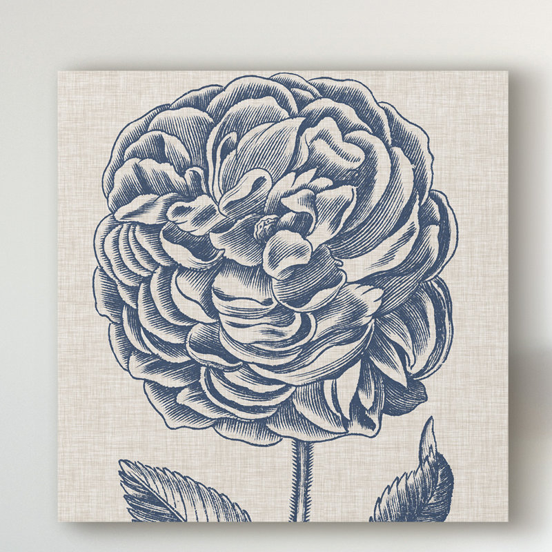 «Indigo Floral on Linen V» par Vision Studio - reproduction de dessin sur toile, H 35 po x l 35 po x P 2 po
