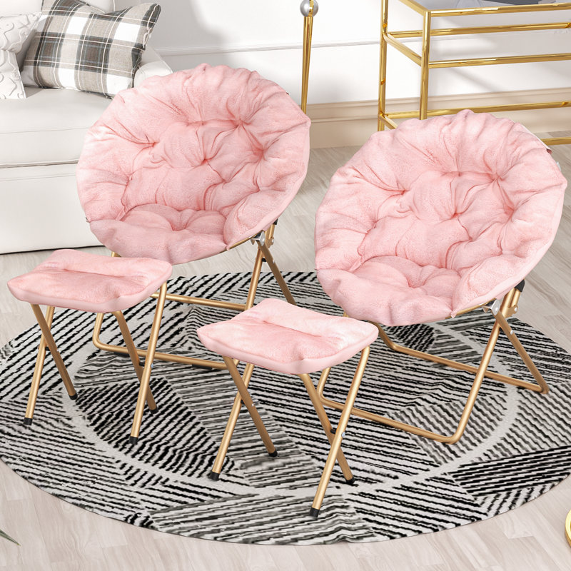 Cozy Saucer Chairs with Footrest Ottoman, Foldable Papasan Chairs Lounge Chairs for Bedroom Living Room, Pink