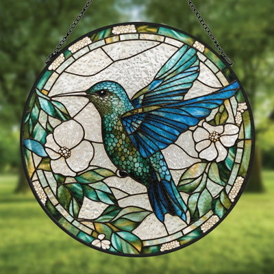 Stained Glass Humming Bird With Flowers Stained Glass Panels Suncatcher for Window Decor