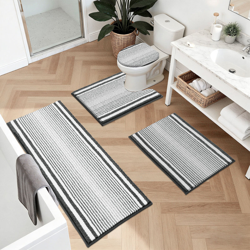 Ensemble de 4 tapis de bain en microfibre absorbante douce avec envers antidérapant (ensemble de 4), Gris / Blanc