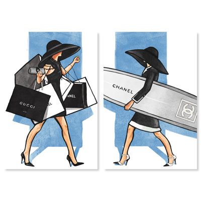 Fashion Girl " Fashion Girl Walk Set, Surfboard, And Shop Bags Modern Blue " by Oliver Gal 2 - Pieces