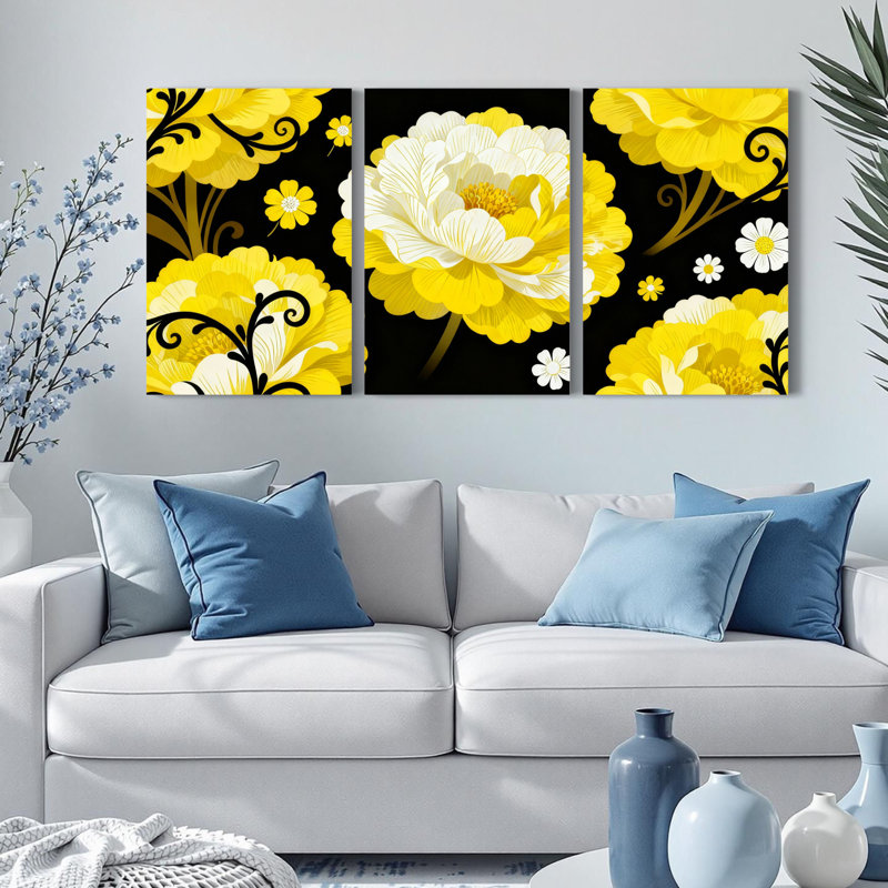 Tableau sur toile à motif floral jaune (paquet de 3), H 30 po x l 60 po