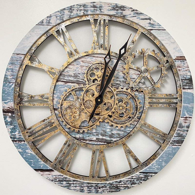 24" Aqua Green and Bronze Industrial Wall Clock with Moving Gears