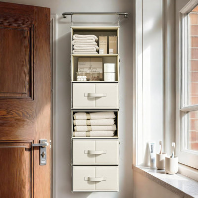Organisateur de garde-robe à 6 tablettes avec tiroirs - Ensemble de rangement multi-pièces pour garde-robe et vêtements, beige