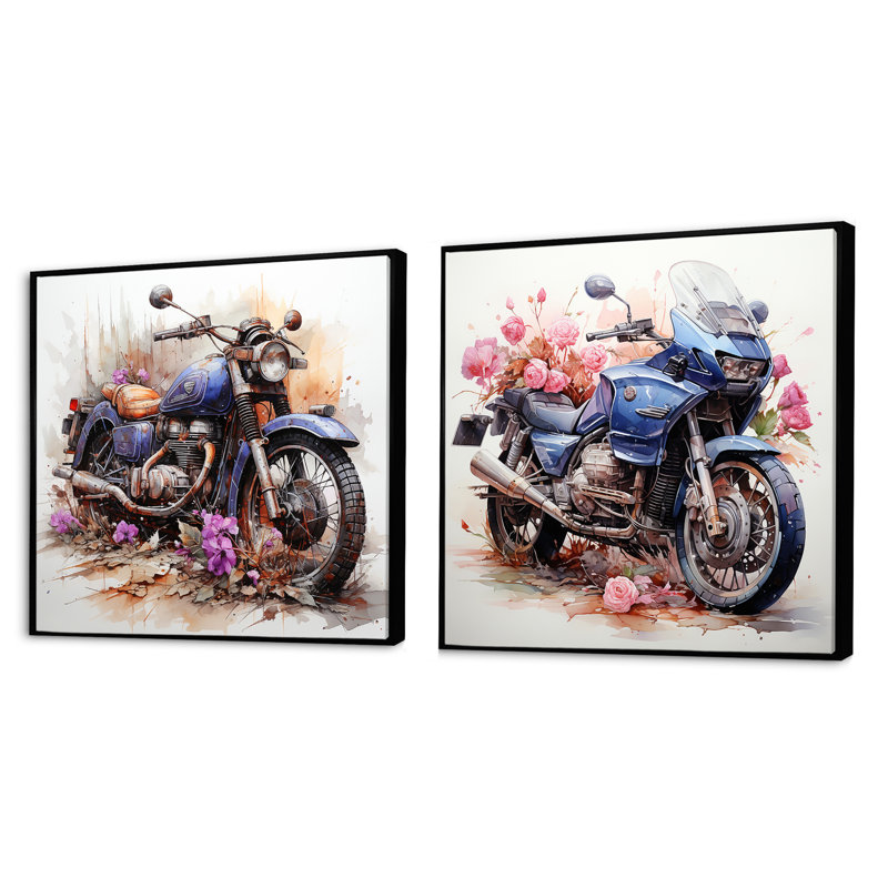 Aquarelle, chemin de fleurs de motocyclettes - ensemble de 2 collages carrés de motocyclettes, Cadre flottant noir