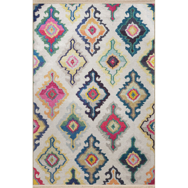 Multi-Colored Mixed Shape Motif Abstract Patterned Fringed Vintage Decorative Rug, Rectangle 4'7.12" x 6'6.74"
