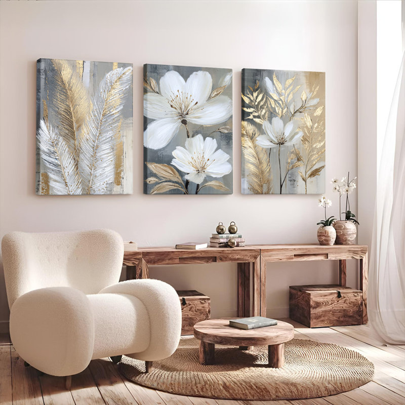 Or et blanc, art mural sur toile tendue à motif floral abstrait (ensemble de 3), H 30 po x l 60 po
