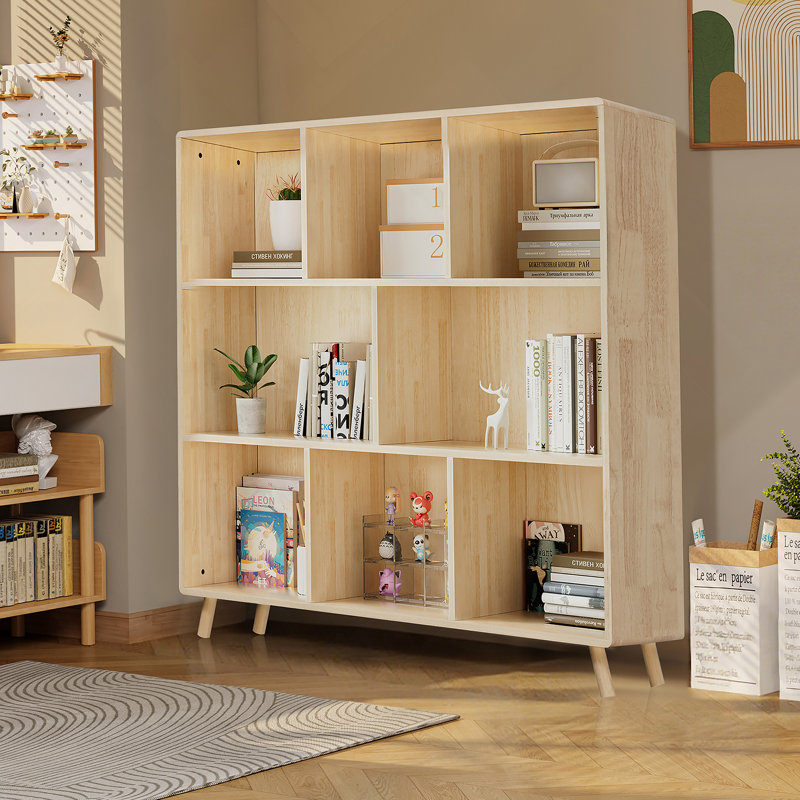 Armoire de rangement en bois de pin à 8 compartiments, organisateur à tablettes fixes de L 44 po x H 44 po pour livres / jouets / décoration intérieure, bibliothèque moderne en bois, armoire à compartiments multiples pour la maison / le bureau