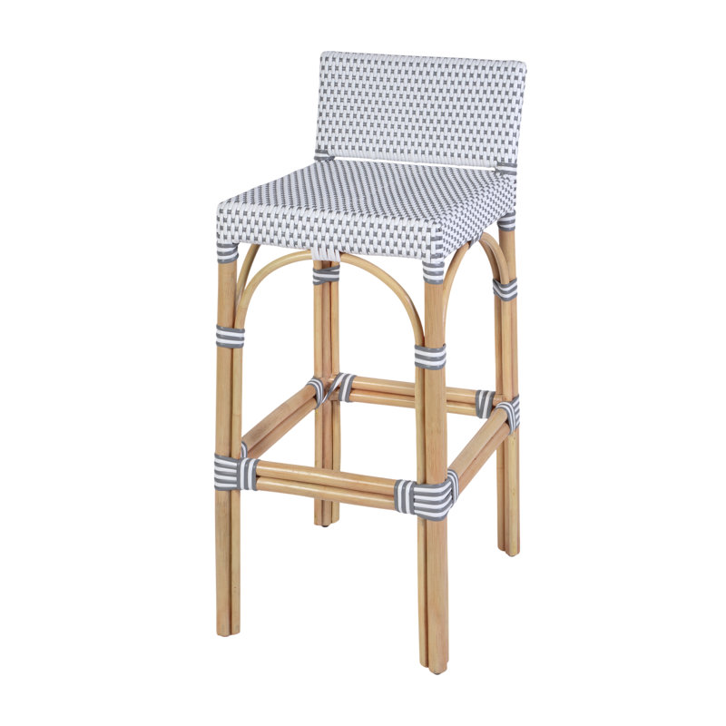 Tabouret de bar à dossier bas en rotin de 30 po de hauteur Estella, gris-blanc, Tabouret de bar Estella, pois blanc / gris