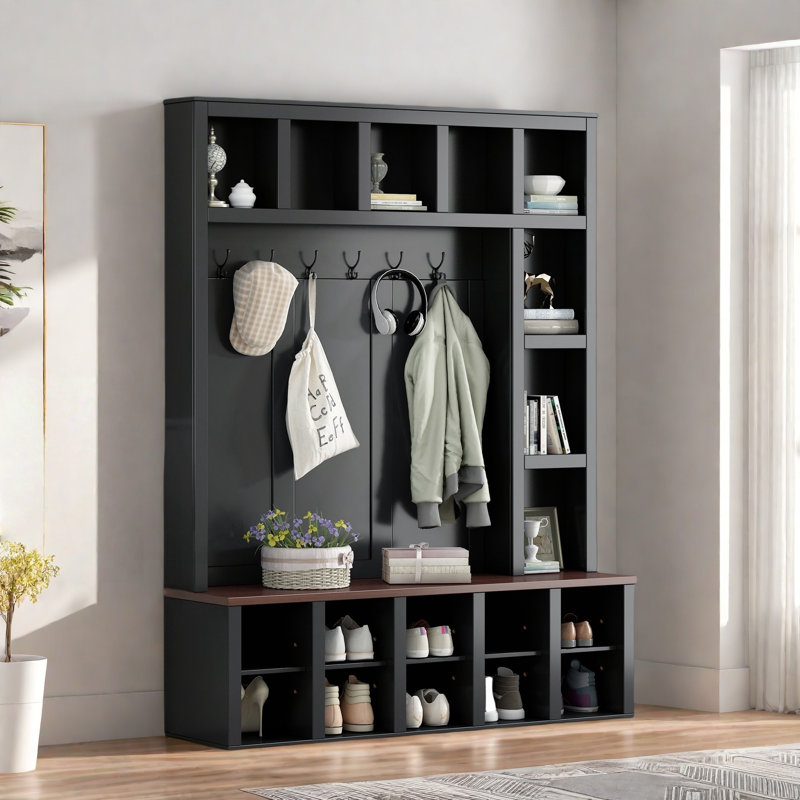 Farmhouse Wooden Hall Tree With Coat Rack, Sitting Bench, Display Shelves And 13 Cubbies, Black/Dark Walnut