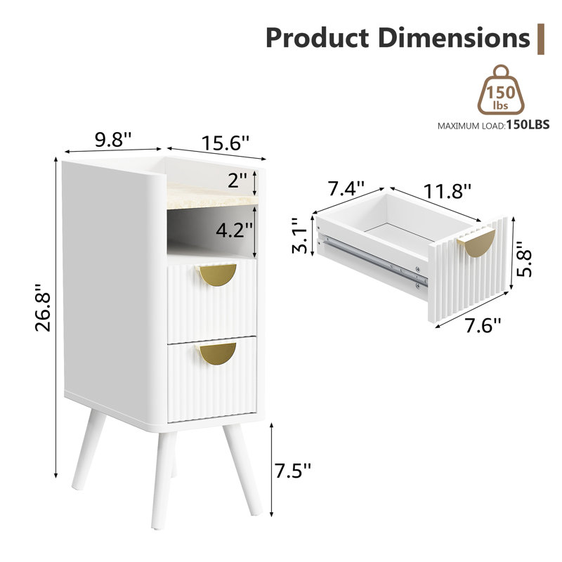 Table de chevet étroite à 2 tiroirs et tablette ouverte, Ensemble de 2, Blanc