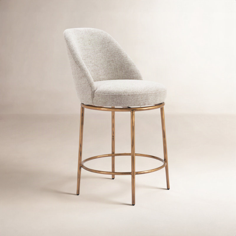 Crush Swivel Bar Stool, Counter Stool (24.4” Seat Height), Beige Fabric/ Gold Frame