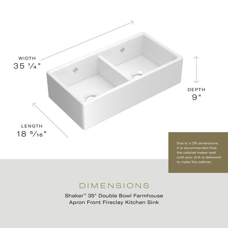 Shaker™ 35" L x 18" W Double Basin Farmhouse Kitchen Sink, White