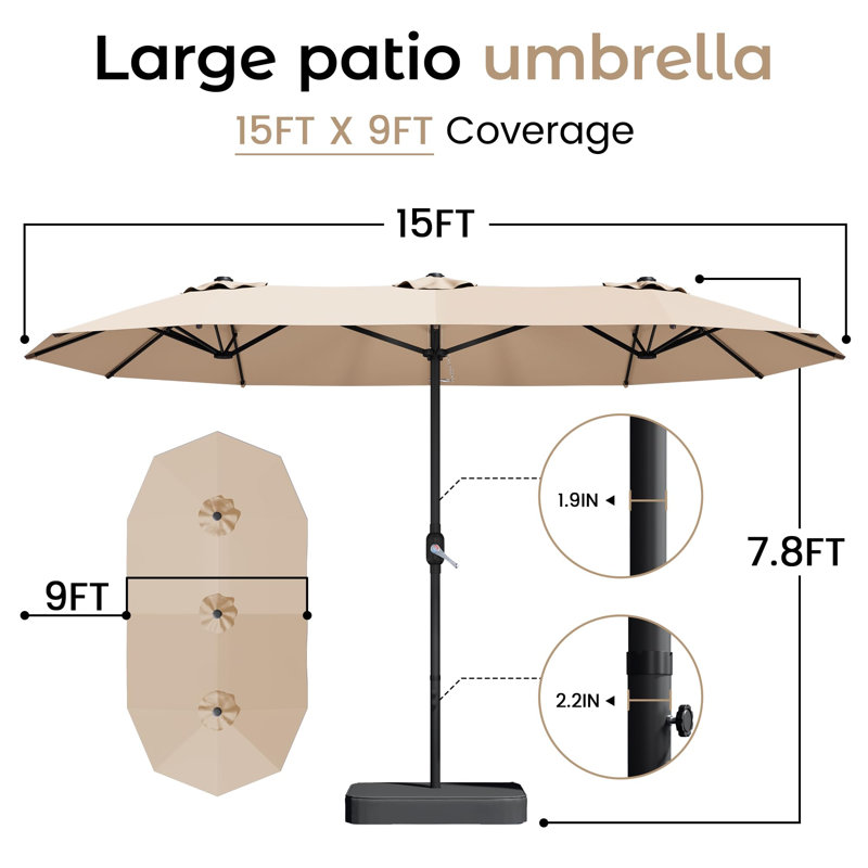 Parasol de patio avec base, manivelle, 15 pi, 2 niveaux, (beige), Beige
