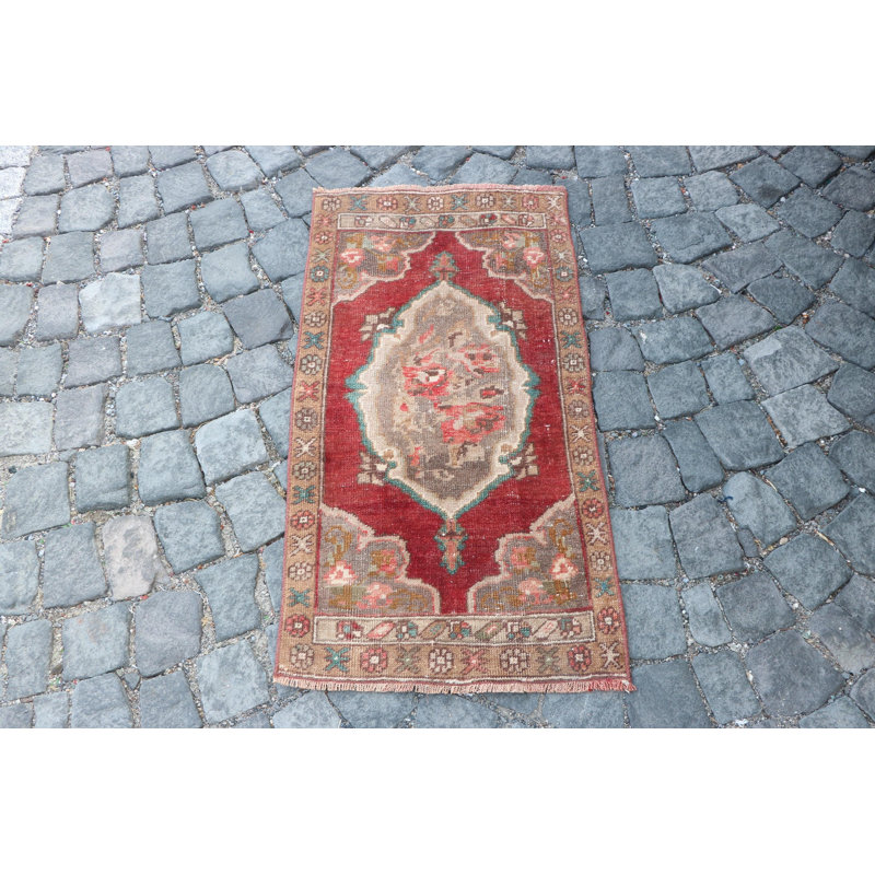 Vintage Distressed Turkish Rug - Small Antique Red Wool Rug Perfect for Bathrooms