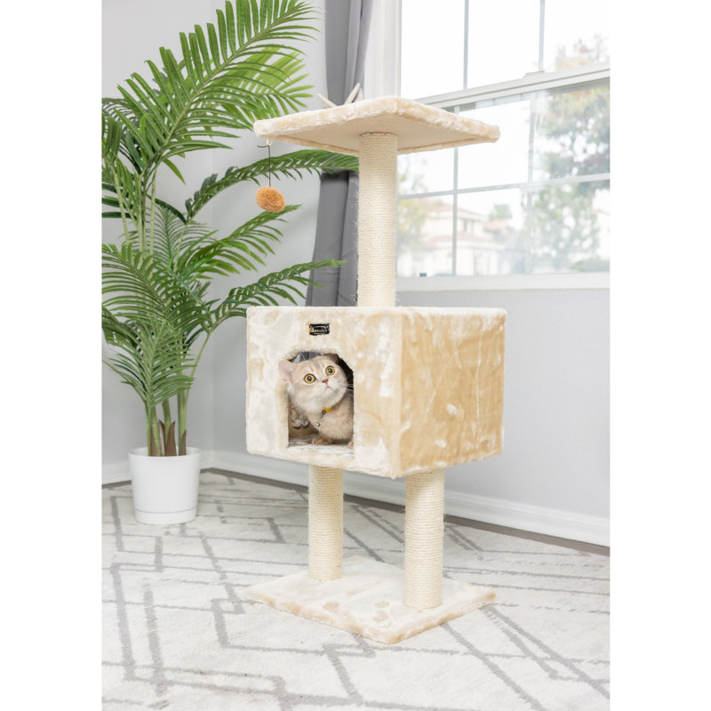 Beige Faux Fur and Sisal Freestanding Cat Tree with Condo