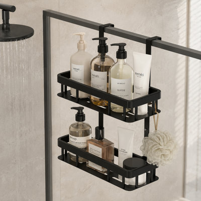 Black Dual-Tier Over-the-Door Shower Caddy: Non-Marking Adhesive—No Wall Damage—Efficient Storage for Toiletries in Compact Bathrooms.