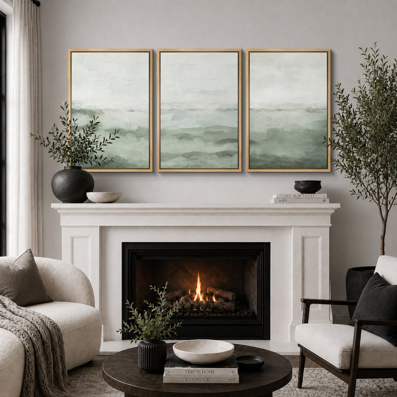 «Minimal Landscape», art organique moderne vert sauge, images murales abstraites simples dans la chambre à coucher, grand ensemble de 3 impressions murales sur toile, 16 x 24 x 3, 24 x 36 x 3