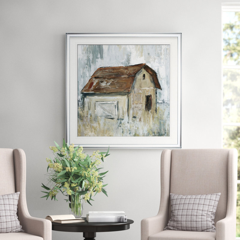 «Barn at Dusk», peinture, H 28 po x l 28 po x P 1,5 po, Encadrement argenté