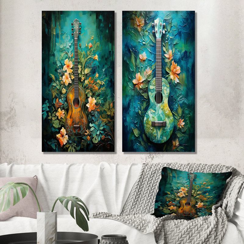 Guitare euphonique tropicale bleu sarcelle, ensemble de 2 reproductions d'art sur toile, Toile tendue, H 28 po x l 25 po