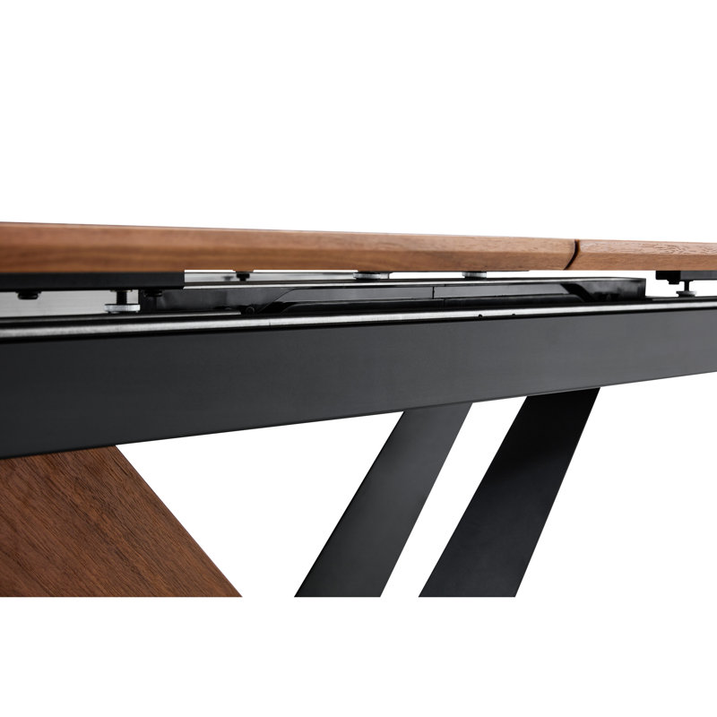 Table de salle à manger Scratch - extensible + placage en bois massif, base en métal en croix, table rectangulaire extensible en noyer foncé pour agencement de cuisine, plateau de table, pieds