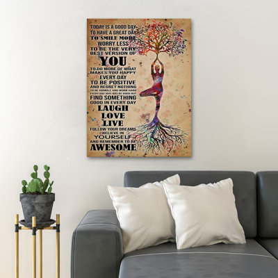«Girl pratique le yoga sous l'arbre -« Today is a good day to Have a good day », reproduction d'art graphique sur toile tendue 1 pièce