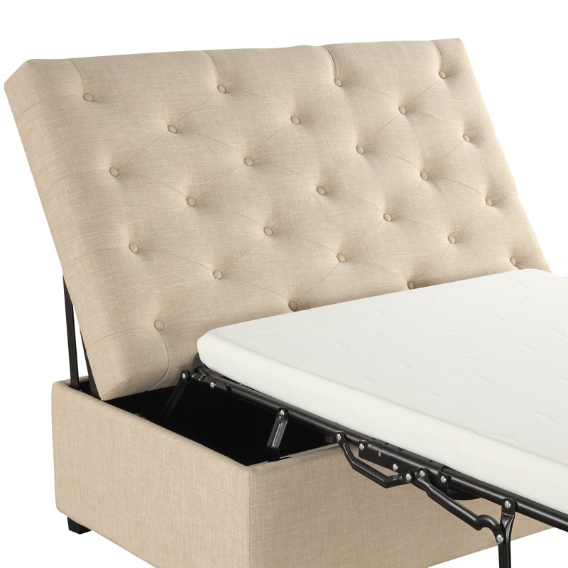 Folding Ottoman Sleeper Bed with Memory Foam Mattress and Tufted Design, Beige