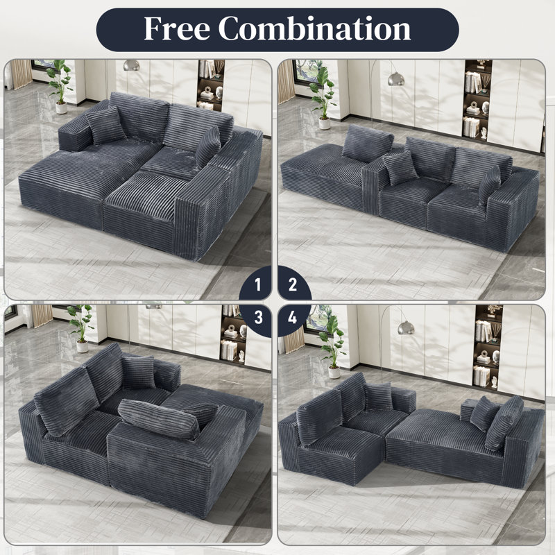 Corduroy Boneless Sectional Sofa with Chaise and Extra Deep Seat, Dark Gray Corduroy, Left Hand Facing