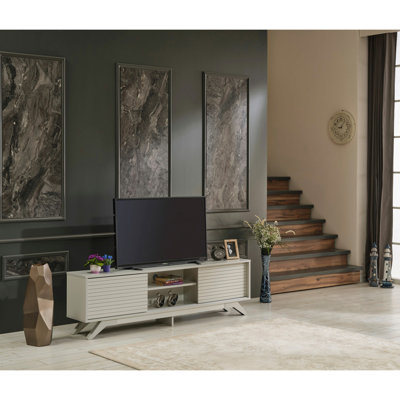 Luxia Mid Century Modern Tv Stand 2 Sliding Door Cabinet 2 Shelves 67 inch Tv Unit