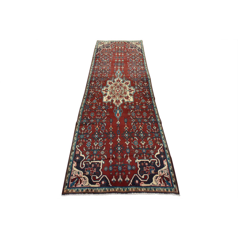 Tapis rouge rétro en laine noué à la main 3 pi 11 po x 11 pi Tribal