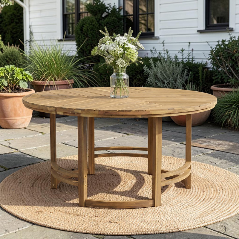 Table de salle à manger ronde en bois d'acacia avec trou pour parasol intégré, Teck clair