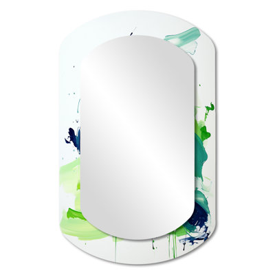 Duval Green and Blue Surreal swirls charm III - Abstract Cylinder Decorative Mirror, Modern Asymmetrical Large Wall Mirror, Printed Metal Art
