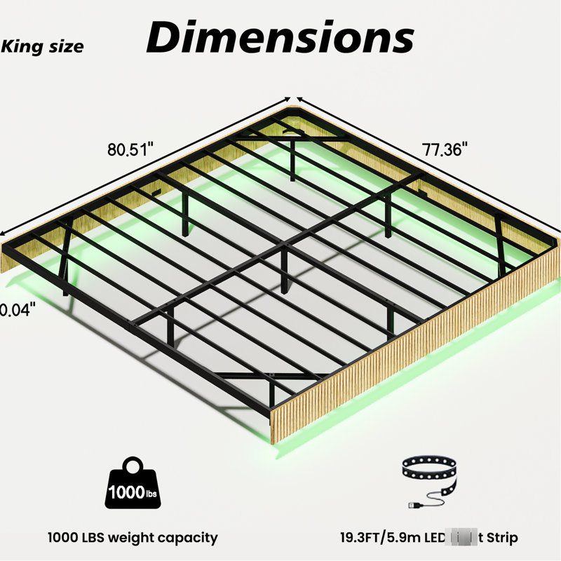 Oak - Colored King Size Floating Bed Frame, Wave Curve Wood Texture, Led Lighting System, Heavy Duty Metal Slats, Invisible Suspension, Sound Flickering Lights Frame For Bed, Oak, Lighting,