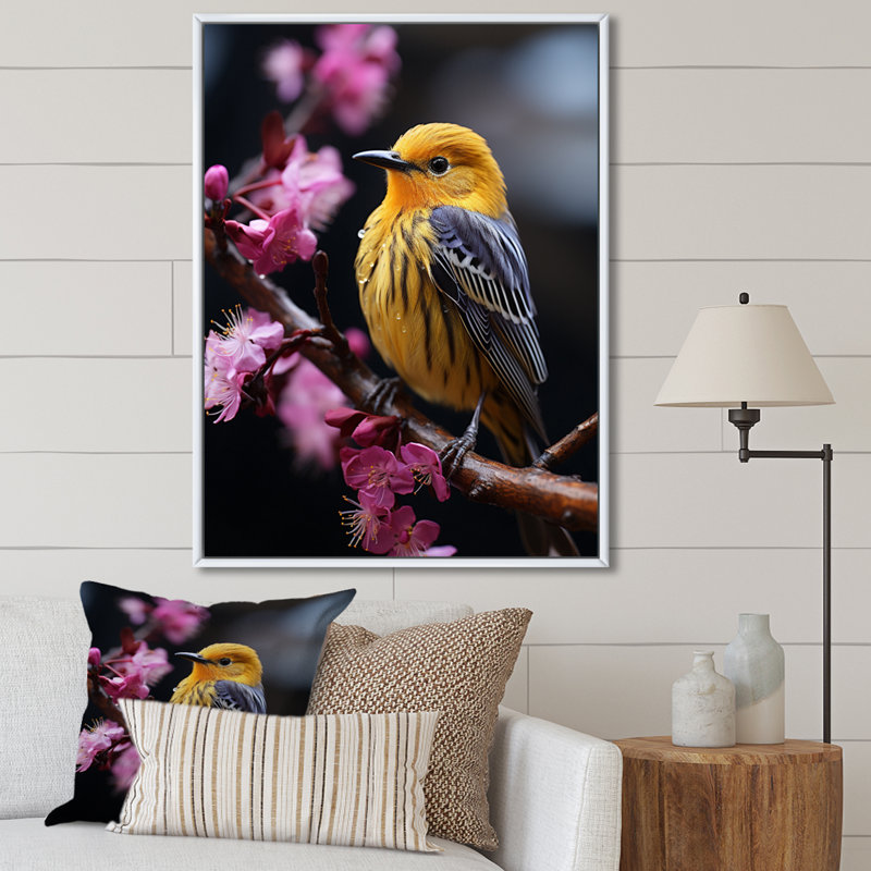 Oiseau jaune sur une fleur de cerisier IV sur toile, 44" H x 34" W, Cadre flottant blanc