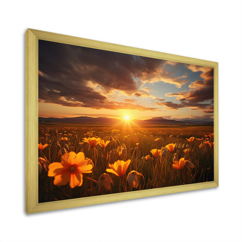 Coucher de soleil sur les prairies - Reproduction d'art mural paysage coucher de soleil, Encadrement doré
