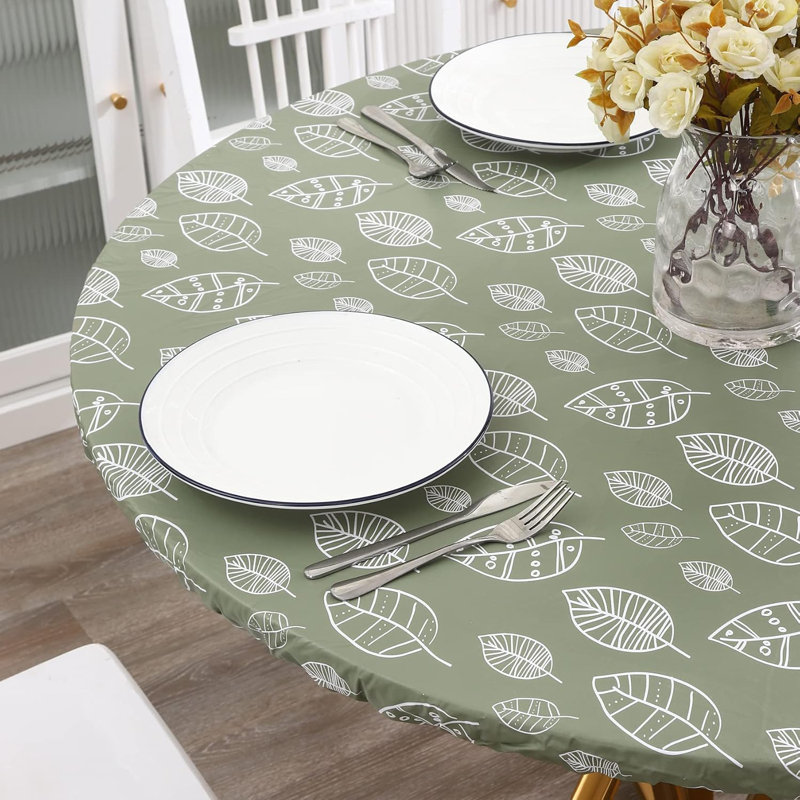 Nappe ronde en vinyle avec envers en flanelle, conception à ourlet élastique, matériau en PVC imperméable et résistant à l'huile, résistant aux taches, convient aux tables de salle à manger rondes de 45 à 56 pouces.