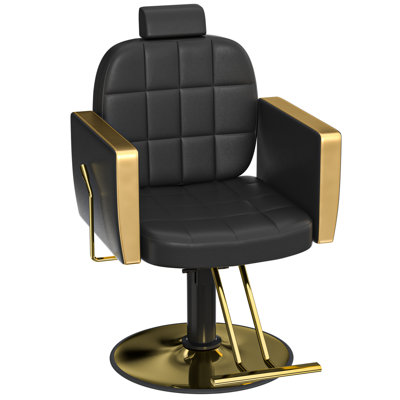 Fauteuil de salon noir et doré avec appui-tête réglable, fauteuil pivotant à 360 ° avec éponge à mémoire de forme et structure en acier inoxydable, capacité de 440 lb pour le salon de coiffure et le salon de beauté