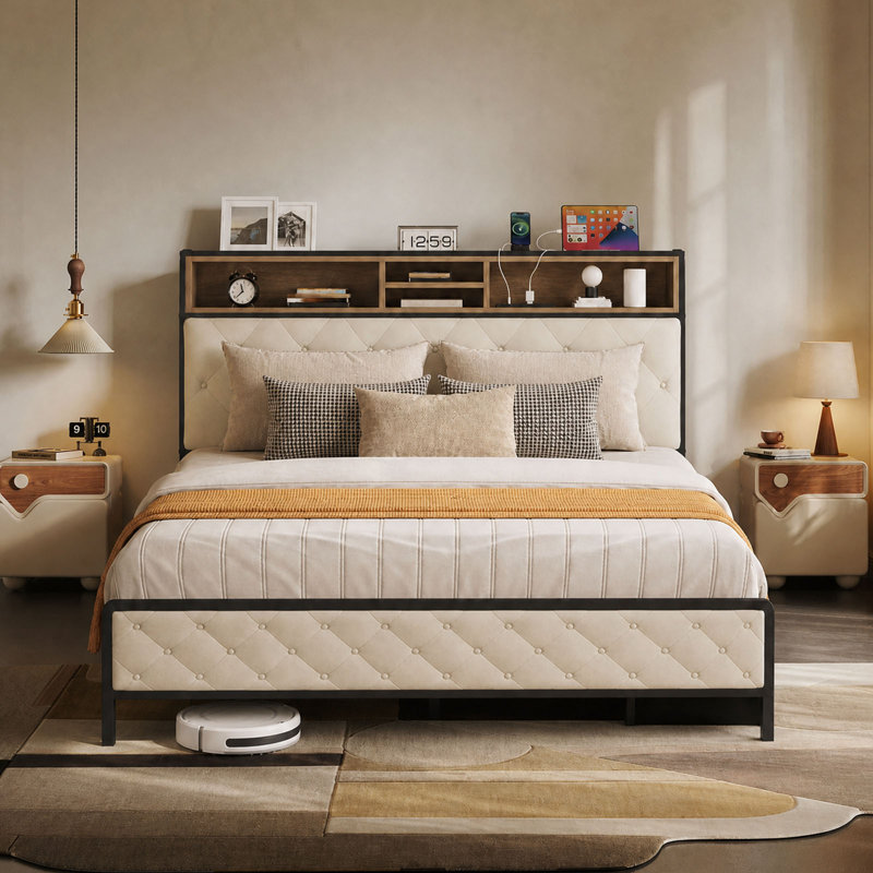 Cadre de lit Queen Size industriel à deux niveaux avec rangement intégré, tête de lit capitonnée en losanges et double port USB, en fer