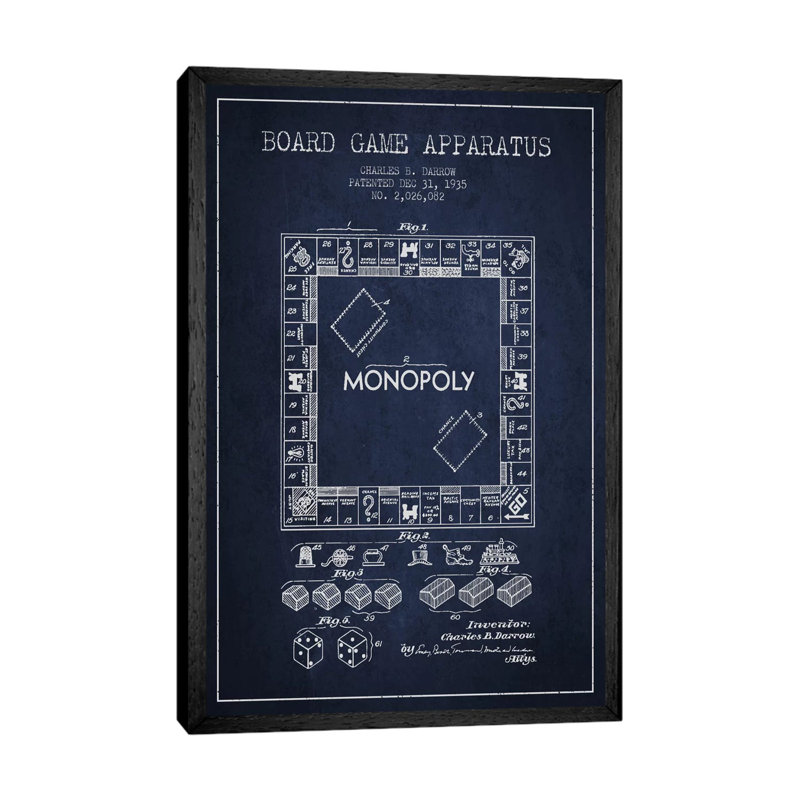 Monopoly Navy Blue Patent Blueprint by Aged Pixel - Print on Canvas, 101.6 cm H x 66.04 cm W, Black Framed