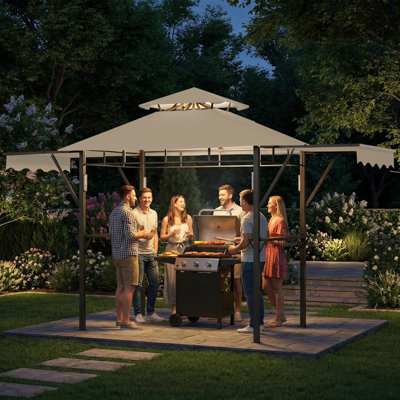 Pavillon de jardin à deux niveaux 13 x 4 pi avec auvents latéraux doubles, 4 lumières DEL, 10 crochets et ouvre-bouteille, structure en acier robuste pour patio, jardin, plage