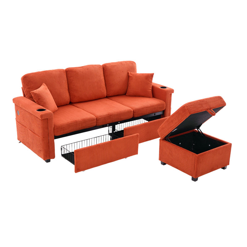 76.39" Reversible L-Shaped Sectional Sofa with Pull-Out Storage, Ottoman & Pillows with USB Charging,Cup Holder for Living Room