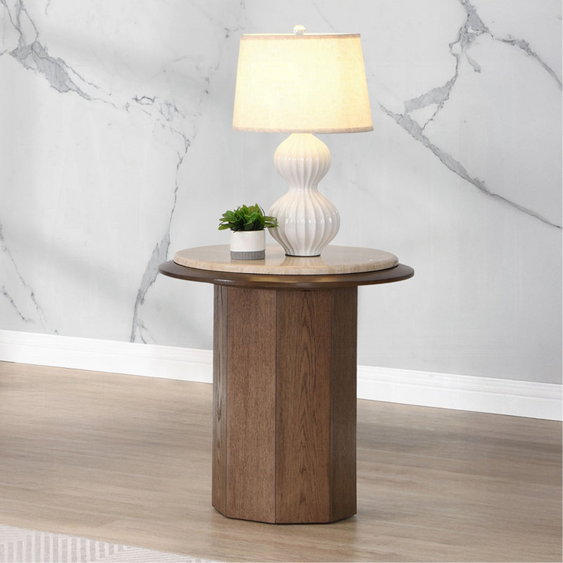Travertine Top & Walnut End Table