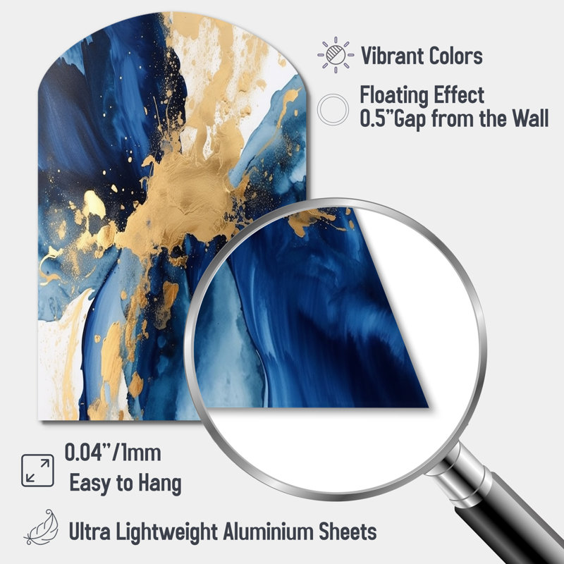 Décoration murale asymétrique en métal bleu foncé et or coups de cœur - fractales, H 43 po x l 33 po