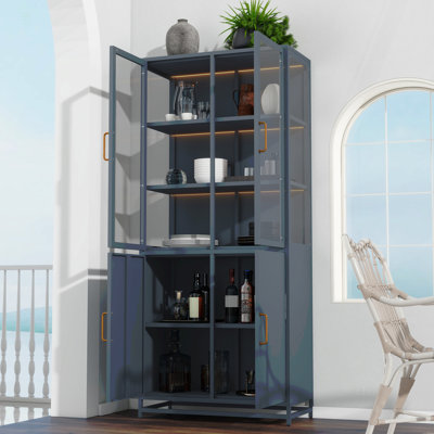 Grande armoire vitrée avec portes en verre et lumières DEL, armoire vitrée en acier avec verre à 3 côtés, garde-manger avec rangement pour les couloirs, salon, cuisine, décoration intérieure et bureau