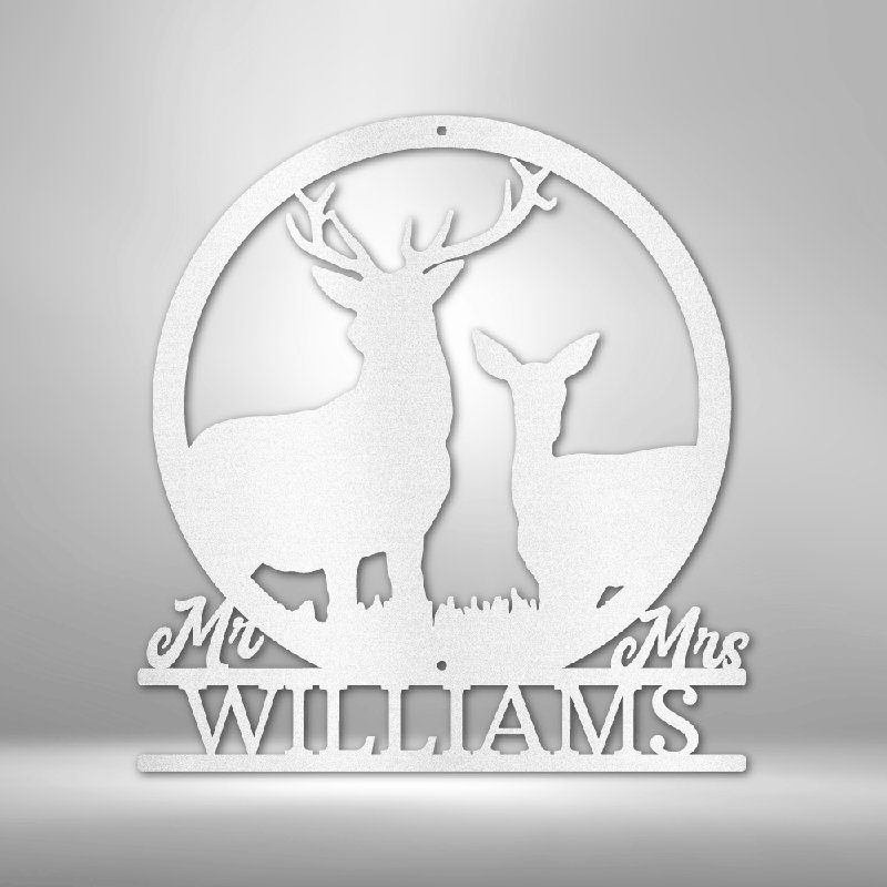 Décoration murale personnalisée en acier monogramme cerf et biche, H 34,25 po x l 35,5 po x P 0,5 po, Blanc, Oui